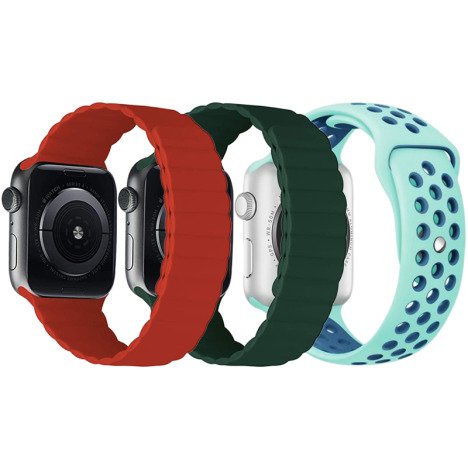 Set 3 Curele iUni compatibile cu Apple Watch 1/2/3/4/5/6/7, 42mm, Silicon, Red, Green, Turquoise/Blu