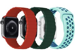 Set 3 Curele iUni compatibile cu Apple Watch 1/2/3/4/5/6/7, 44mm, Silicon, Red, Green, Turquoise/Blu